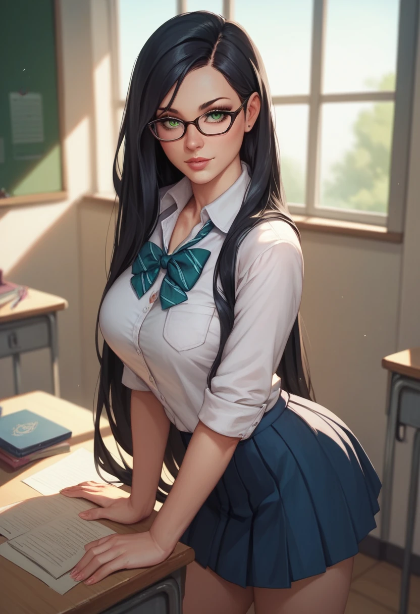 Italian girl, with very long black hair, 25 years old, hyper super gigantic and mammoth breasts, thin, has wet breasts, wears a torn tight blouse that does not contain the breasts and a pleated black miniskirt, inside a school classroom