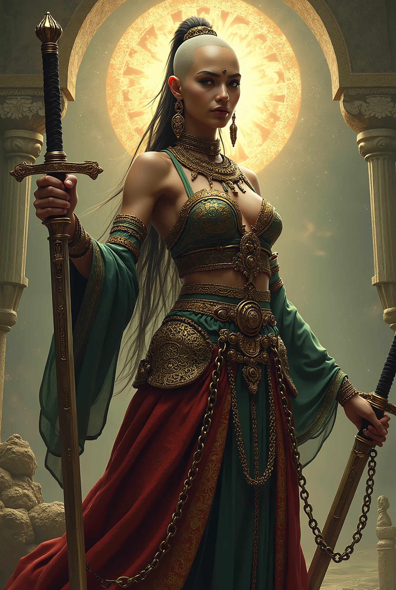 A woman wearing a helmet is walking with another person々Image of Arabic numerals surrounded by, Stephen Hickman, beautiful retro art, Mars Attacks, Golden lotus princess, Featured on cgsociety, Cosmic Apocalypse, persian queen, Kirill Leonov, Jason A. Engle, Barbarella