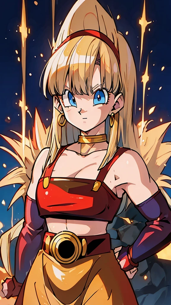 masterpiece,
bulla, Blondie hair, SAIYA,super Saiyan, blue eyes, red hairband, hoop earrings, 
gold choker, bare shoulders, red leather crop top, midriff, belt, red elbow gloves, red leather skirt, red thigh boots
 ((Saiyan aura )), SAIYA,super Saiyan, Golden aura , shinning bio-sparks, Golden Super Saiyan aura