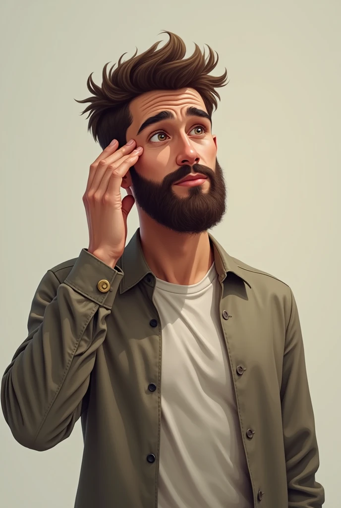 Man sitting in a chair pulling hair out of his beard with tweezers looking at his phone