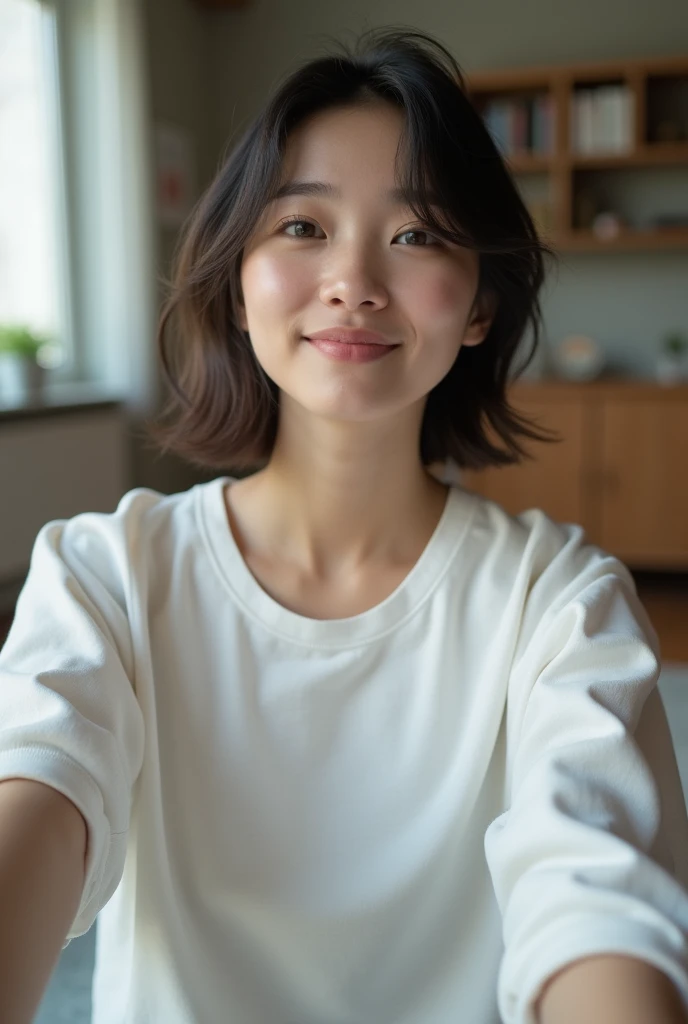Japanese women、bedroom、Selfie、fair skin、Big Breasts、single eyelid、Year: 35、Moderate、T-shirt、wedding ring