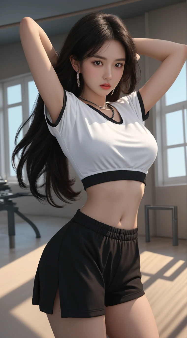 ultra realistic 8k cg, picture-perfect face, flawless, clean, masterpiece, professional artwork, famous artwork, perfect face, beautiful face, beautiful eyes, ((perfect female body)), solo,(immersive atmosphere, chiaroscuro:1.5,bright light:1.2,luminous lighting)
,,(blush:0.5),seductive expression,extremely detailed_eyes,thick thighs,large breasts, muscular abs, showing abs
beautifully detailed background,depth of field,realistic:1.3, long shot,1girl,shirt,pleated skirt, , sitting, full body,
(ambient light:1.3),(cinematic composition:1.3),(neon lights:0.1),(HDR:0.1),Accent Lighting, white pantyhose,