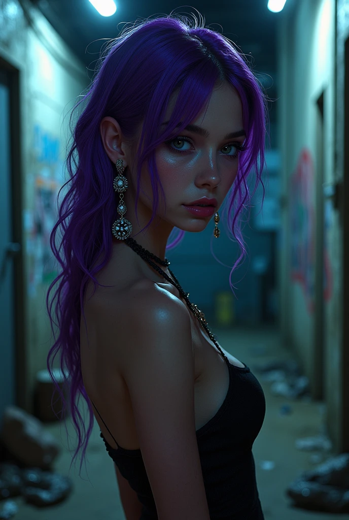 (table top, highest quality:1.2), 1 girl, alone,( dynamic angle,:1.1) mature, 100facehassan, destiny, (dark gray skin:1.2), blue eyes, long hair, purple hair, ponytail, big lips, blank expression, gold jewelry, big breasts, pants, Tight, belly button, abs, hoop earrings, halter neck, Dark background, background、realistic, Plump buttocks, slender body, Tightウエスト, from low behind 5meters, lingerie sweat