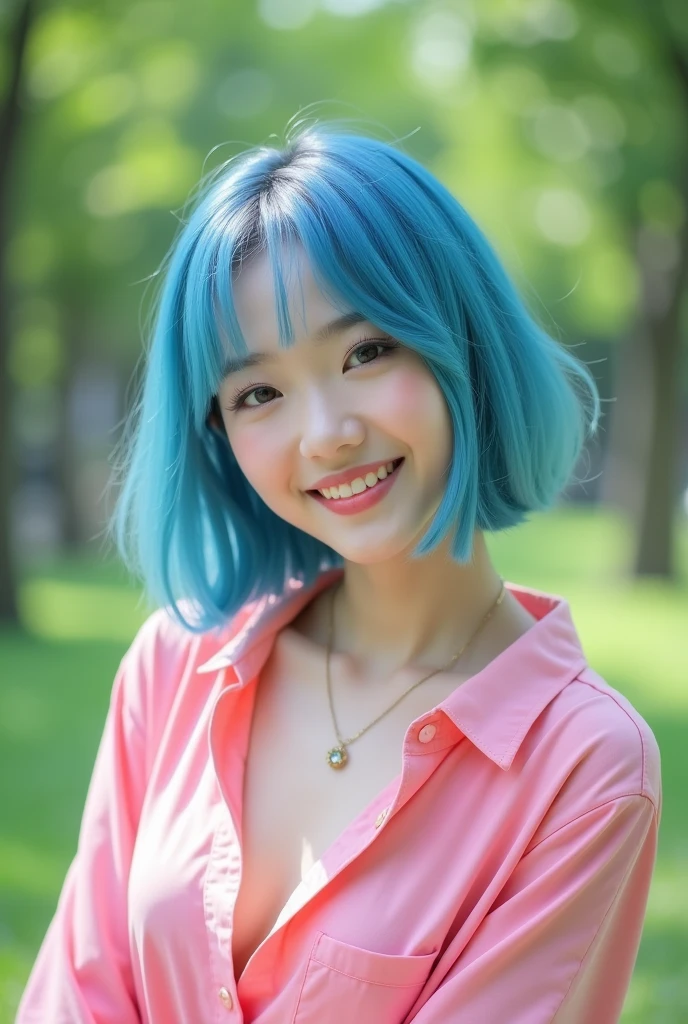 Blue hair, two-block, short hair, 20-year-old girl, party girl, vulgar laughter