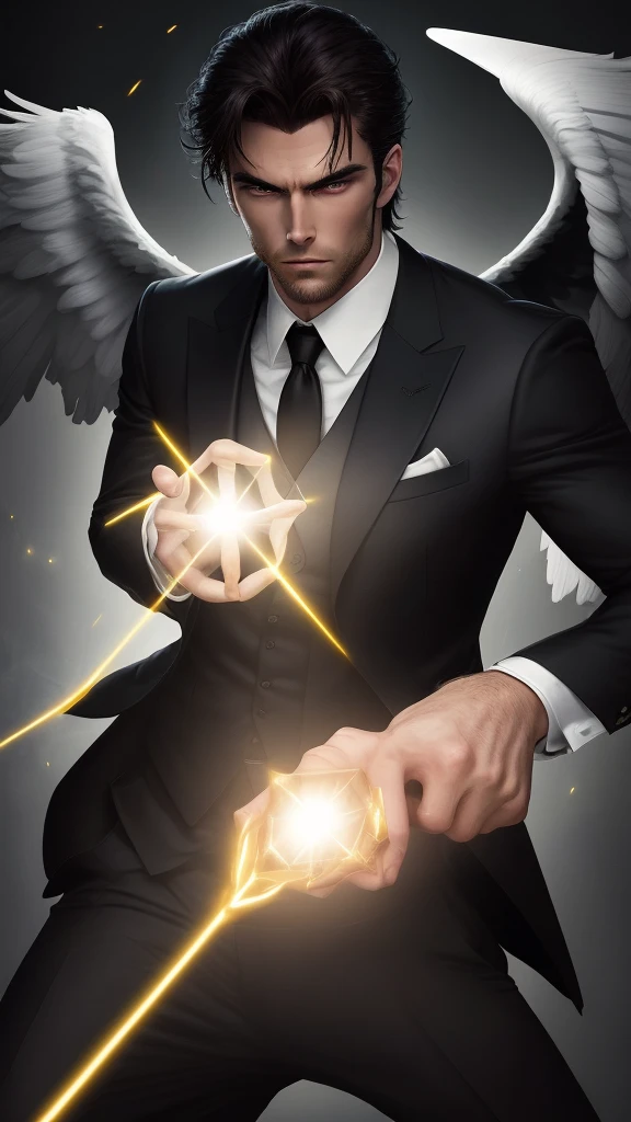 A detailed painting depicting a handsome, mature 25 year Asian man in a suit surrounded by a flurry of glowing Magic The Gathering cards and the book Dungeons and Dragons in the center.