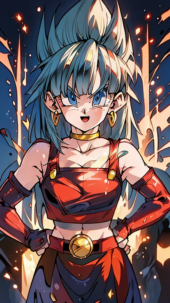 masterpiece,
bulla, Blondie hair, SAIYA,super Saiyan, blue eyes, red hairband, hoop earrings, 
gold choker, bare shoulders, red leather crop top, midriff, belt, red elbow gloves, red leather skirt, red thigh boots
 ((Saiyan aura )), SAIYA,super Saiyan, Golden aura , shinning bio-sparks, Golden Super Saiyan aura