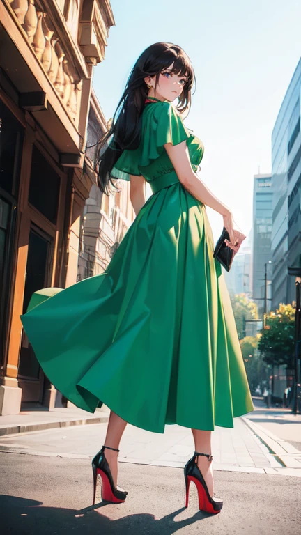 ((masterpiece, high resolution, better quality, better details)), ((Smiling)), ((one girl)) a girl standing, full body, maxi green skirt, blouse,((louboutin high heels)), green eyes , ((black hair, long hair)), shiny skin, ((from behind)), solo, full body, focus full body, high heels, in office, working secretary