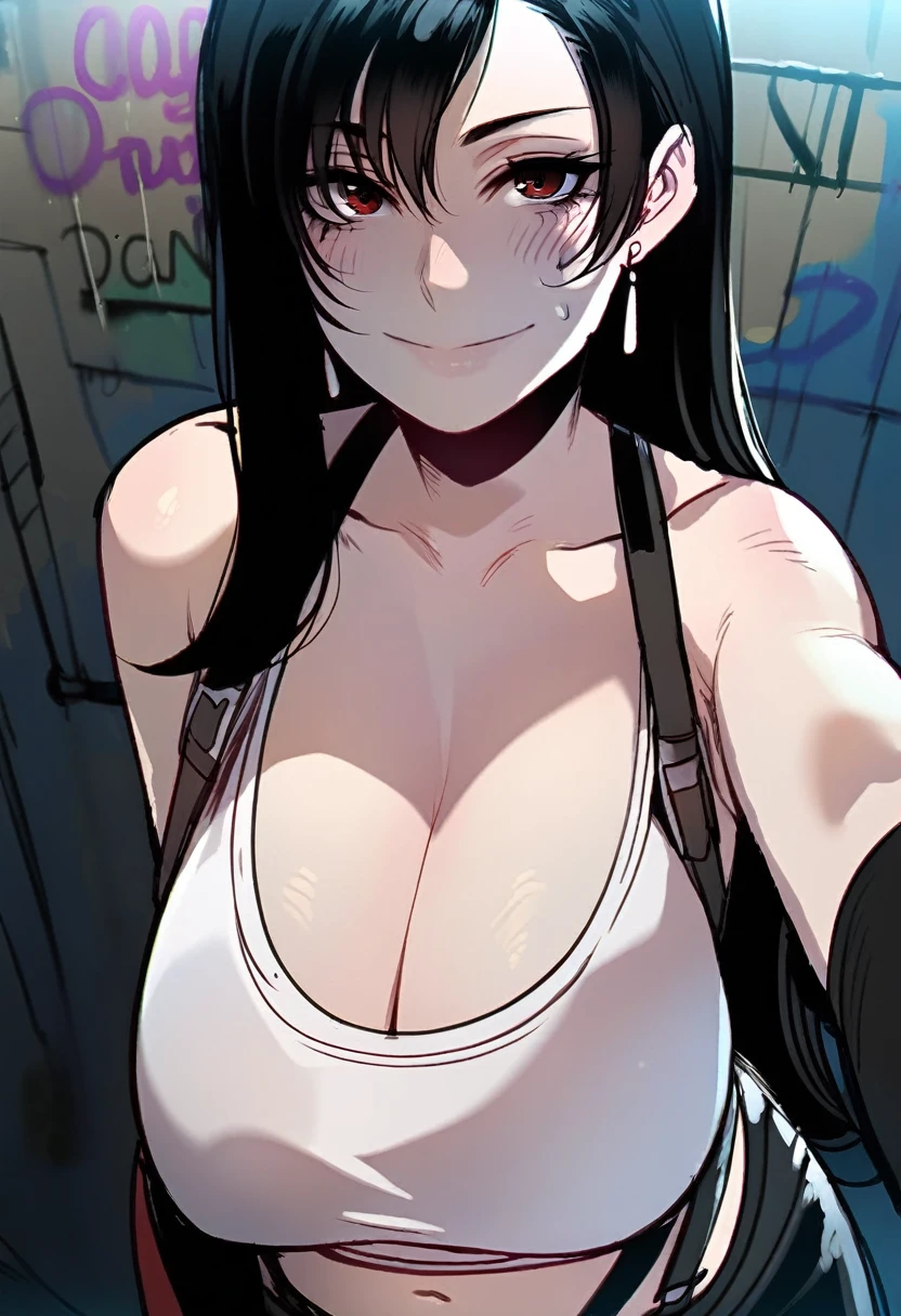 score_9, score_8_up, score_7_up, score_6_up, godrays, 1girl, tifa lockhart, eyeliner, (close up:1.2), black hair, graffiti wall, graffiti background, looking at viewer, casual clothing, smile, huge breasts, subtle colors, faded, in public, from angle, night, dirty alley, stripper