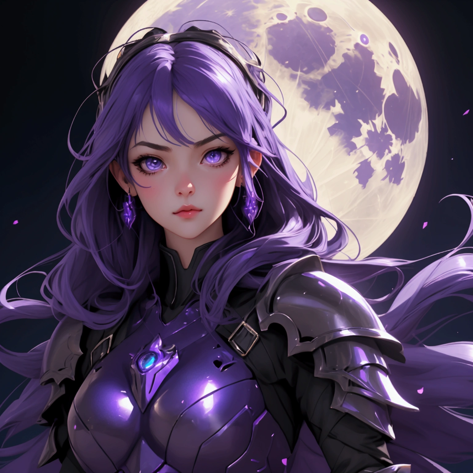 envision a 8k, highres, cinematic, beautiful close up portrait of a cute girl with Purple hair, Purple eyes, Moon shaped accessories, black tight suit, fantasy armor, jrpg inspired armor, in dark lighting, against a dark gray background