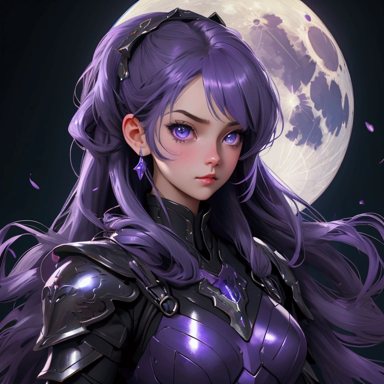 envision a 8k, highres, cinematic, beautiful close up portrait of a cute girl with Purple hair, Purple eyes, Moon shaped accessories, black tight suit, fantasy armor, jrpg inspired armor, in dark lighting, against a dark gray background