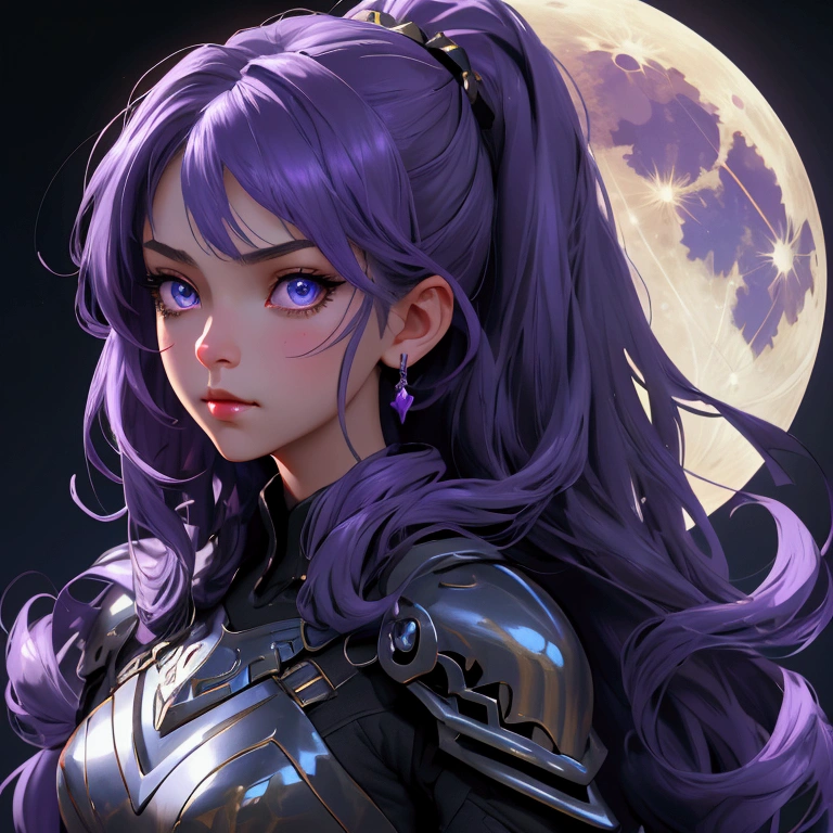 envision a 8k, highres, cinematic, beautiful close up portrait of a cute girl with Purple hair, Purple eyes, Moon shaped accessories, black tight suit, fantasy armor, jrpg inspired armor, in dark lighting, against a dark gray background