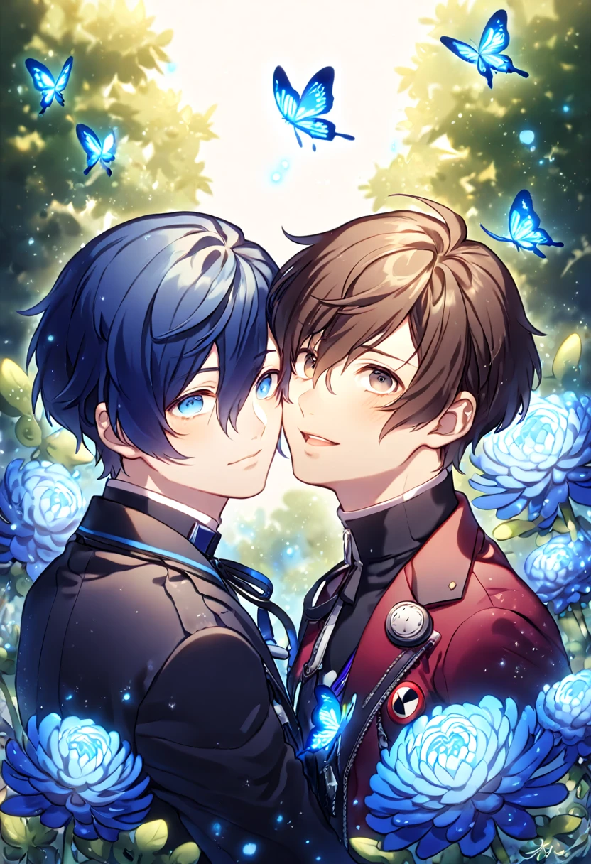 absurdres, highres, ultra detailed, HDR, master piece, best quality, extremely detailed, Kamado Tanjirou, red burgundy hair, expressive red eyes, Kimetsu No Yaiba, Tomioka Giyuu, black hair, expressive blue eyes, two y men together, yaoay couple, handsome, green haori, red haori, demon slayer uniform, fantasy, sparkling, blue glittering fireflies, blue moon, blue blossoms, blue chrysan sparkling lights, starry sky, magical