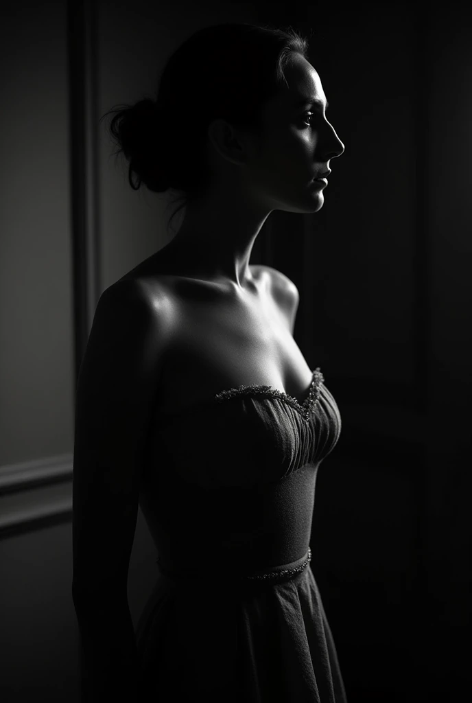 (photorealism:1.2), hot woman, facing back, black n white, dramatic, big breast