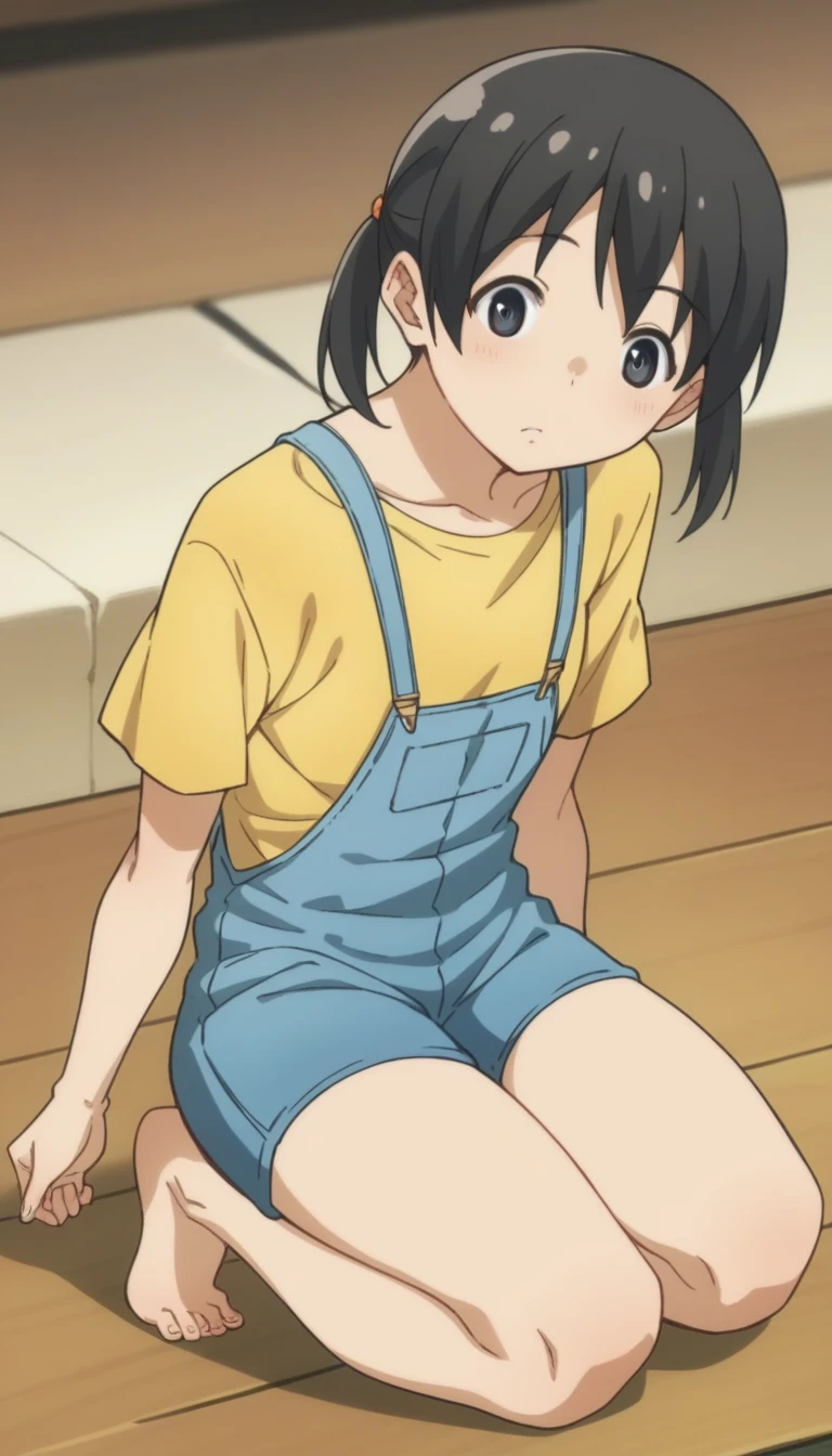 Score 9, Score 8 up, Score 7 up, The evaluation is questionable,
Detailed Background, Glowing Skin,kuramoto_chinatsu, black eyes, black hair, long hair, short twintails, overall shorts,suspenders, yellow shirt, barefoot,whole body