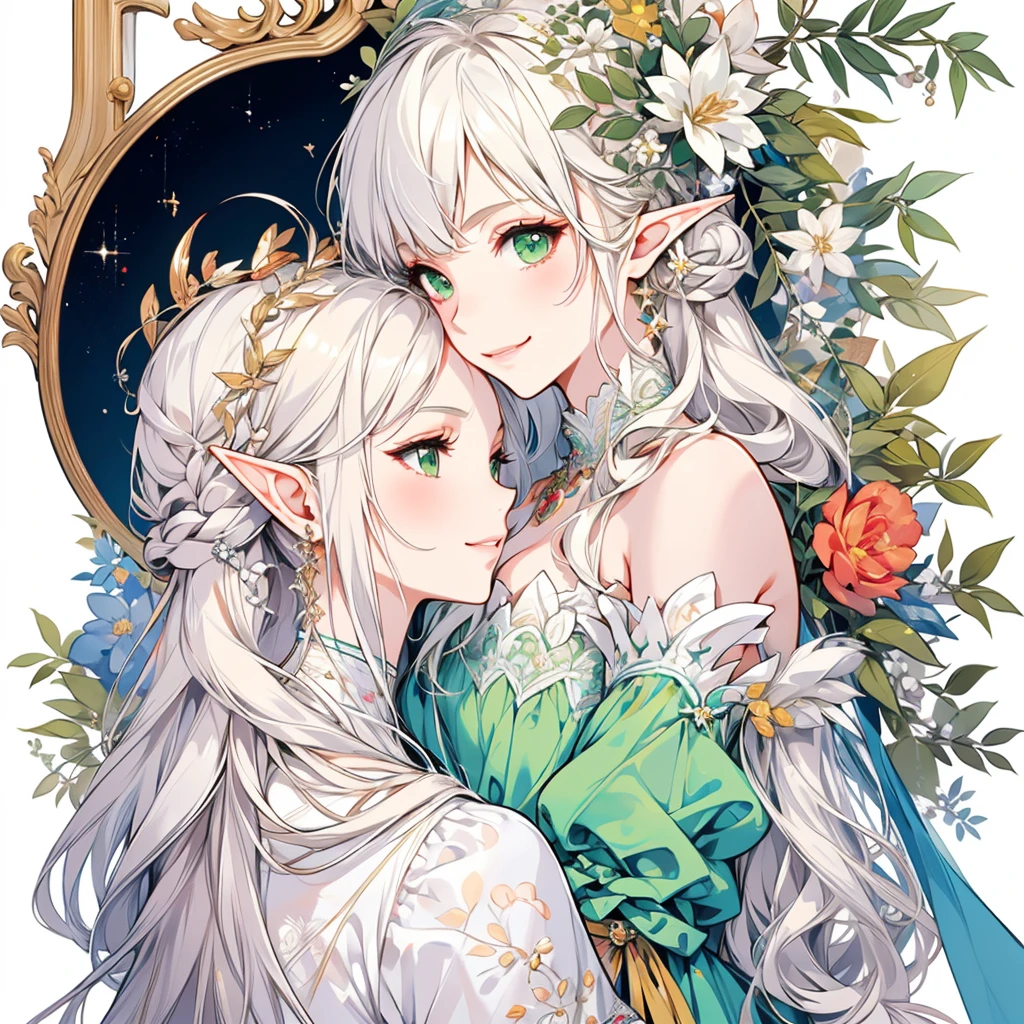 masterpiece, best quality, 1girl, ultra detailed, ultra highres, well-definded facial features, anatomically correct, cute girl, long pointy ears, elf, nice face,white hair, green eyes, hugging bouquet, smiling, baroque,room,