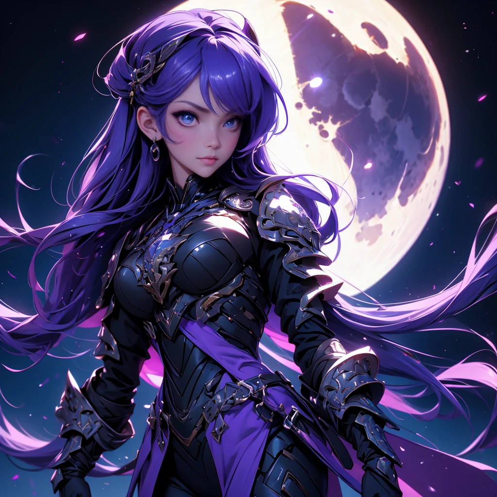 envision a 8k, highres, cinematic, beautiful close up portrait of a cute girl with Purple hair, Purple eyes, Moon shaped accessories, black tight suit, fantasy armor, jrpg inspired armor, in dark lighting, against a dark gray background