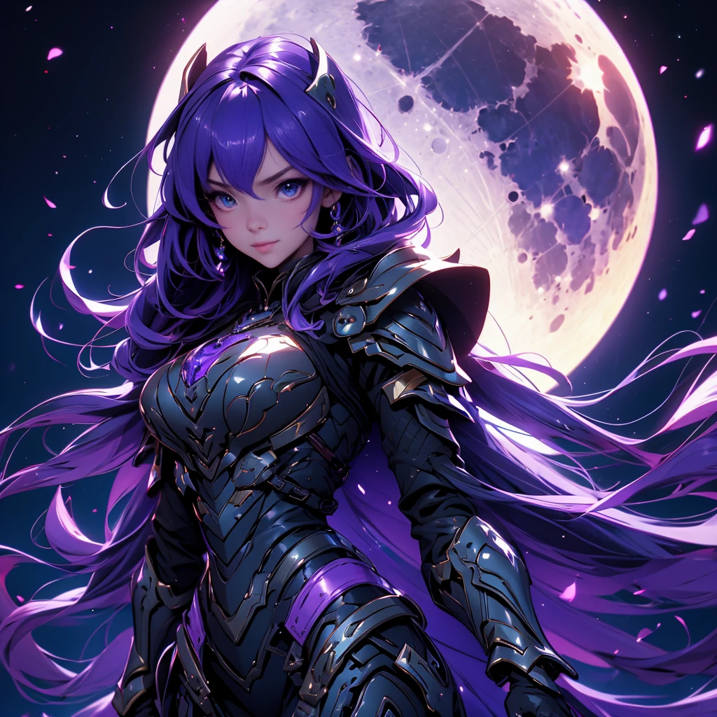 envision a 8k, highres, cinematic, beautiful close up portrait of a cute girl with Purple hair, Purple eyes, Moon shaped accessories, black tight suit, fantasy armor, jrpg inspired armor, in dark lighting, against a dark gray background