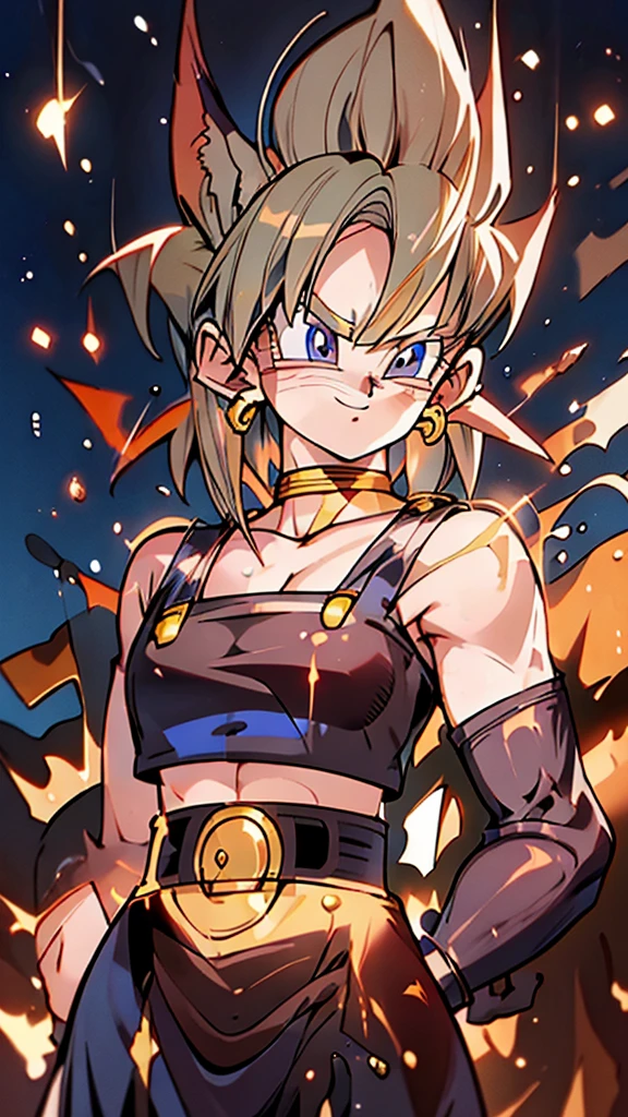 masterpiece,
bulla, Blondie hair, SAIYA,super Saiyan, blue eyes, red hairband, hoop earrings, 
gold choker, bare shoulders, red leather crop top, midriff, belt, red elbow gloves, red leather skirt, red thigh boots
 ((Saiyan aura )), SAIYA,super Saiyan, Golden aura , shinning bio-sparks, Golden Super Saiyan aura