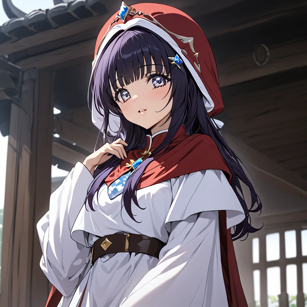 ((Highest quality)), ((masterpiece)), (detailed), （Perfect Face）、The woman is the princess of Moonbrooke and wears a white robe and a red hooded cloak.