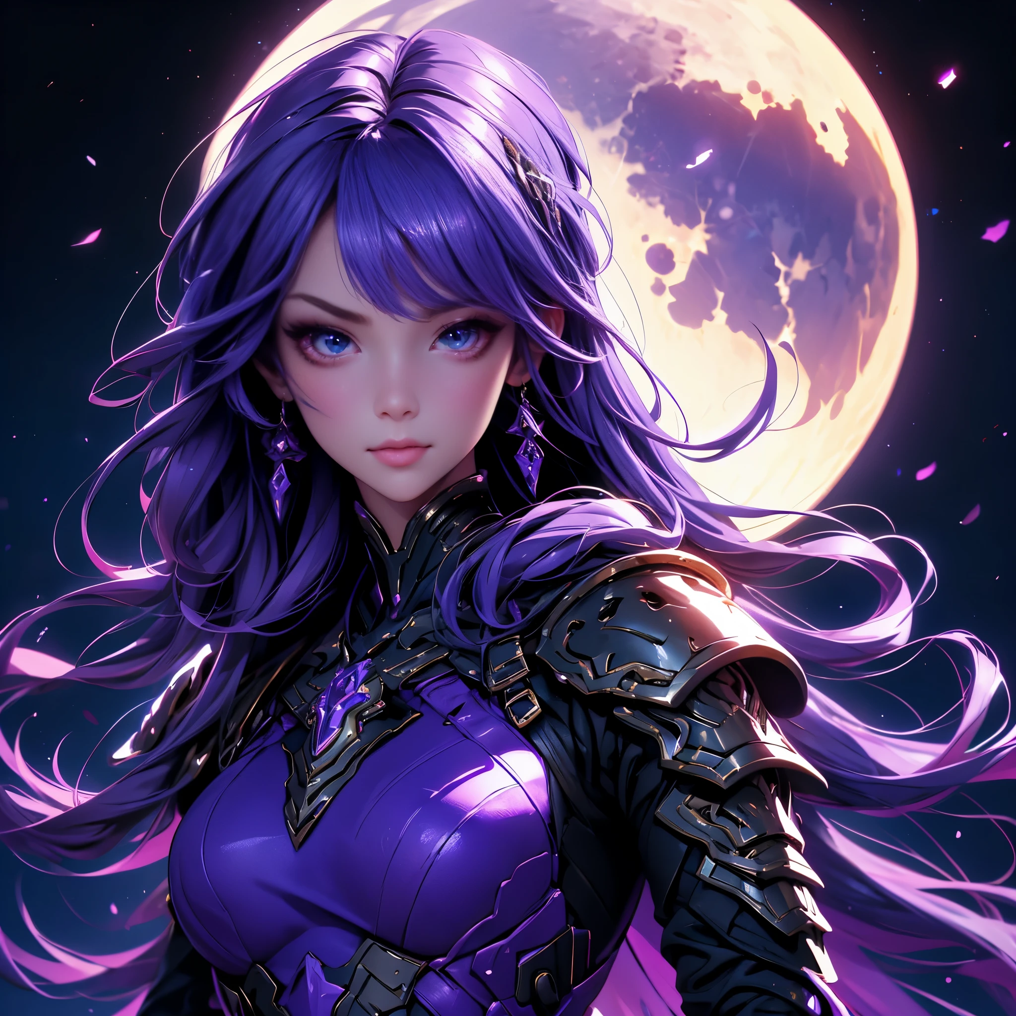 envision a 8k, highres, cinematic, beautiful close up portrait of a cute girl with Purple hair, Purple eyes, Moon shaped accessories, black tight suit, fantasy armor, jrpg inspired armor, in dark lighting, against a dark gray background