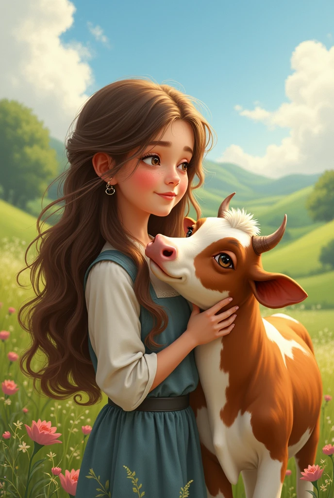 ((high resolution)), ((pale skin)), freckled, brunette ((11 year old)) sexy girl, with blue eyes, blushing cheeks, wavy hair, smiling, large breasts, as a fantasy druid, horse behind, horse, she is crouched on the ground, agachada en cuatro
