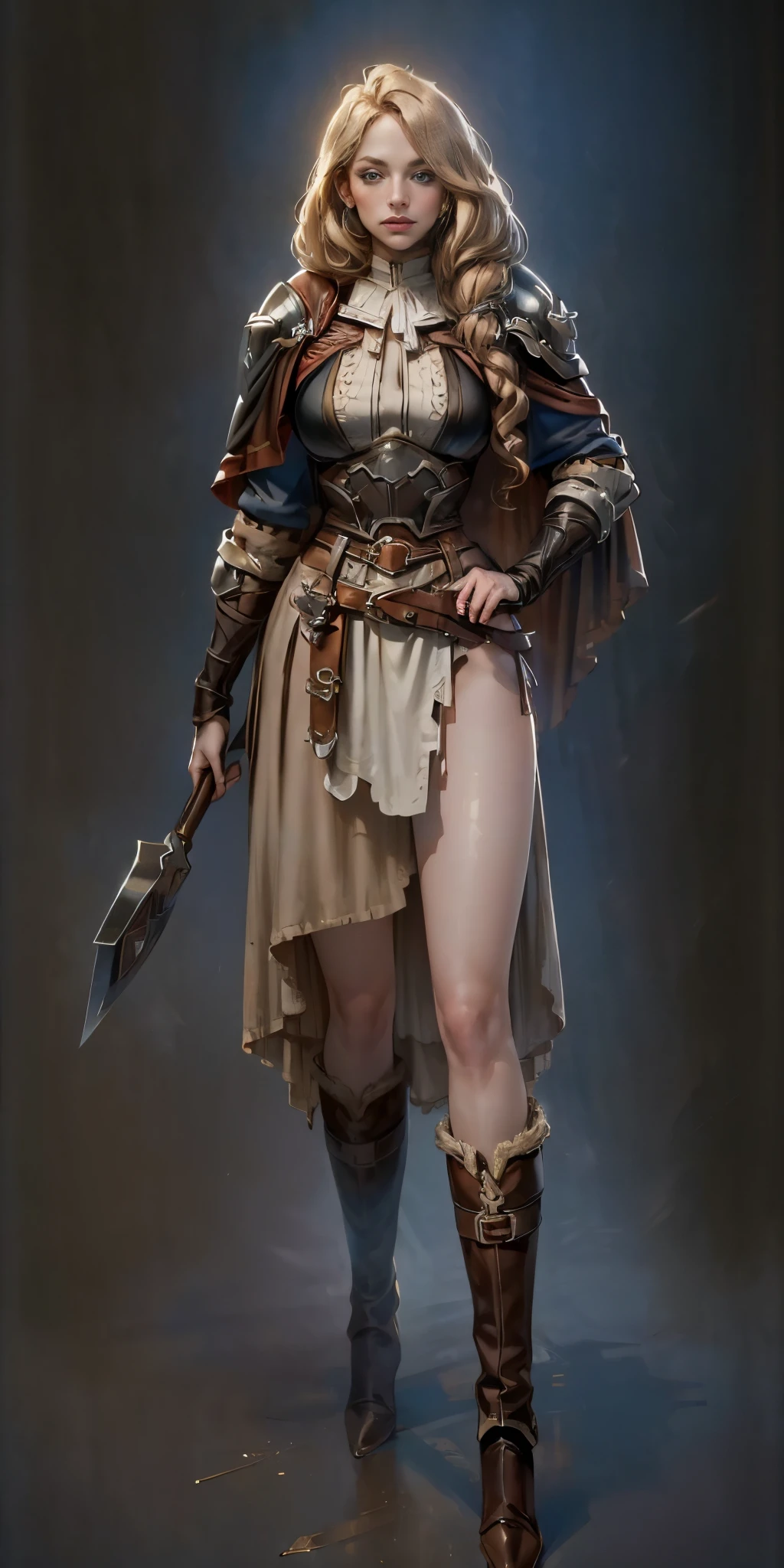 (masterpiece, best quality) (black background) full body standind straight symmetrical, FEMALE warrior princess Mercedez Von Martritz, twin big belt around waist, long curly blonde hair, very white skin, female wearing full body bikini armor with red cape, brown leather boots, adventurer outfit, veteran warrior milf bimbo