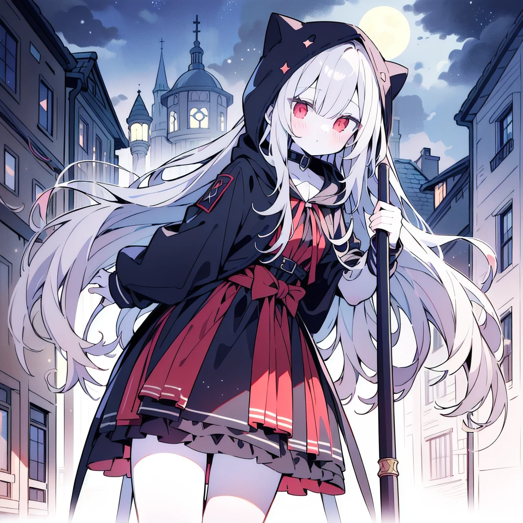 ((style:Colored pencil,pale colour))、Very detailed、(anime)、(masterpiece:1.2),Atmospheric perspective,Lens flare、Medieval European streets、Assassin girl standing on the roof of a building、Wearing a hood、cute、Red eyes、Your eyes shine in the moonlight、Assassin Girl、(Assassin costumes)、Fantasy World