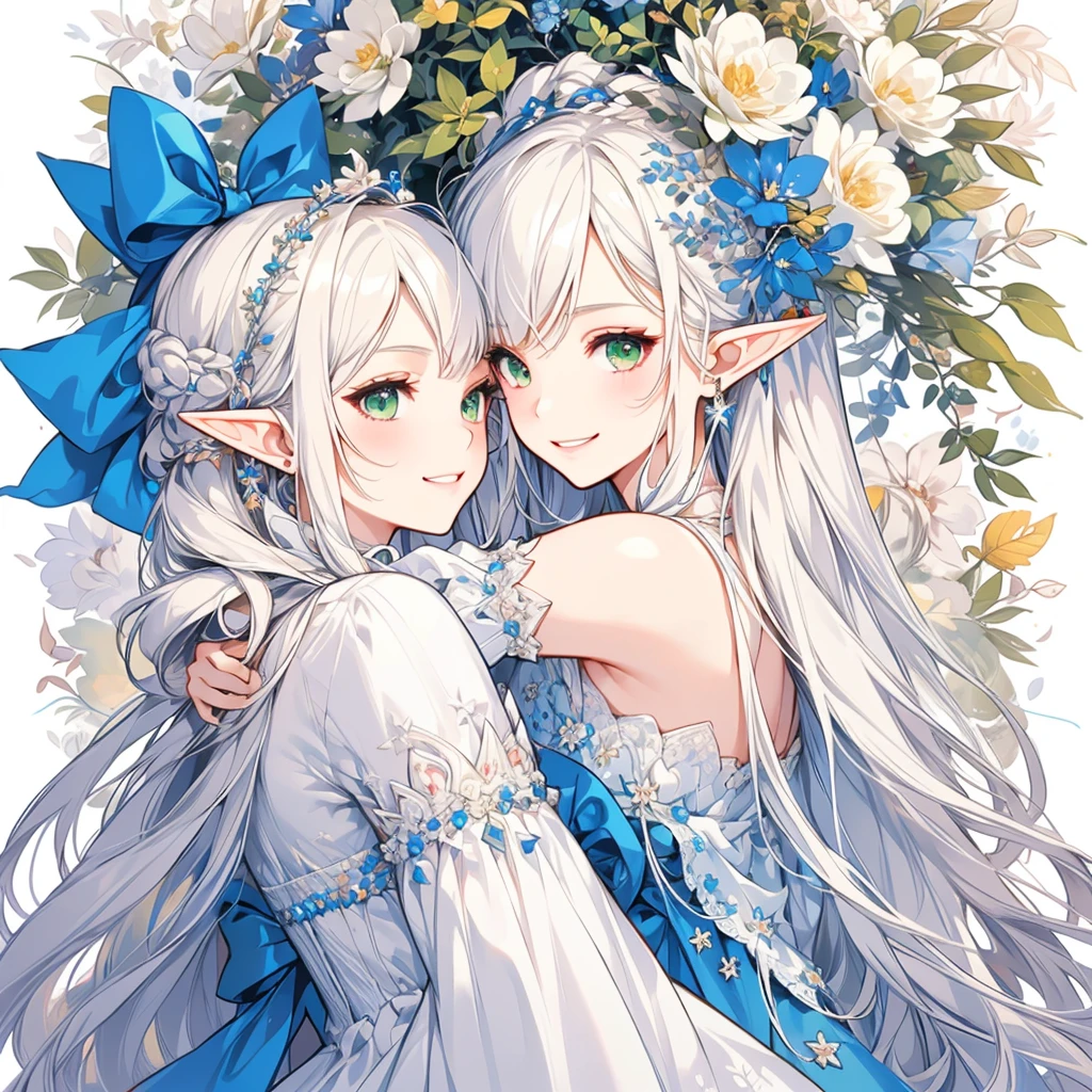 masterpiece, best quality, 1girl, ultra detailed, ultra highres, well-definded facial features, anatomically correct, cute girl, long pointy ears, elf, nice face,white hair, green eyes, hugging bouquet, smiling, baroque,room,