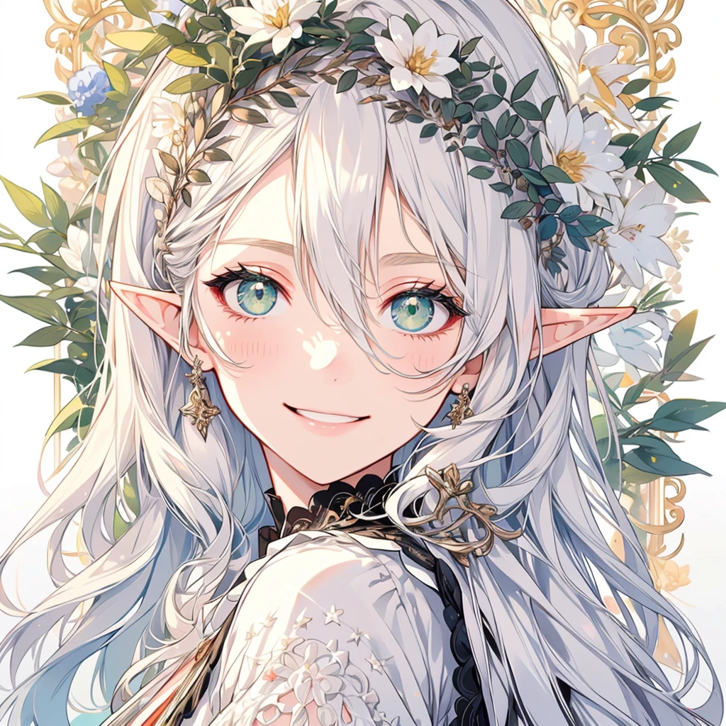 masterpiece, best quality, 1girl, ultra detailed, ultra highres, well-definded facial features, anatomically correct, cute girl, long pointy ears, elf, nice face,white hair, green eyes, hugging bouquet, smiling, baroque,room,