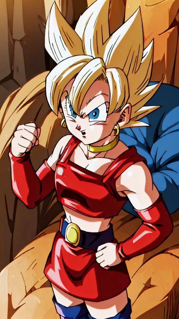 masterpiece,dbsuper style,
bulla, super saiyan, Blondie hair, SAIYA,super Saiyan, blue eyes, red hairband, hoop earrings, 
gold choker, bare shoulders, red leather crop top, midriff, belt, red elbow gloves, red leather skirt, red thigh boots
 ((Saiyan aura )), SAIYA,super Saiyan, Golden aura , shinning bio-sparks, Golden Super Saiyan aura