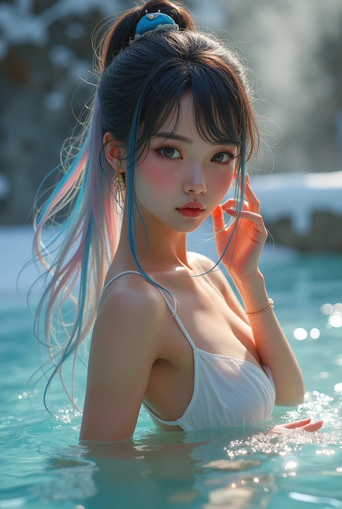 (Best quality, 4k, Masterpiece: 1.3), beautiful woman, hyper realistic, 1girl, (massive breasts, attractive body: 1.2), sit-ups: 1.1, dark brown hair: 1.1, (wet rain, wet by rain, wet body:1.2), ultra-detailed face, detailed lips, detailed eyes, double eyelid, sensual dress with low collar, open neckline, hanging breasts, side pose, visible curves, pool party, lying by the pool, lying down with a friend, golden transparent dress, blue and pink hair, sunset