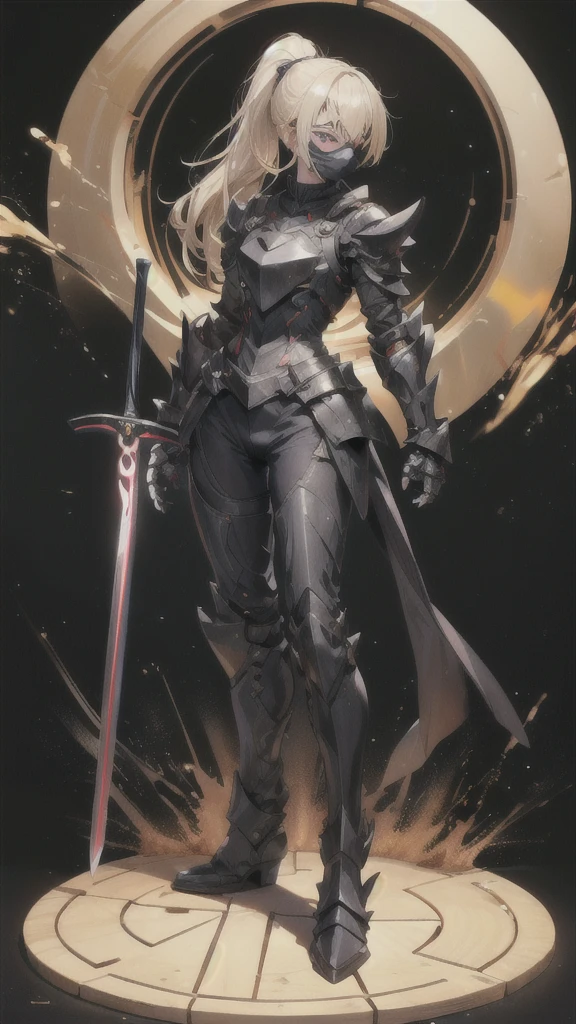 Beautiful blonde with short ponytail，Big ，black tights，Pitch black sci-fi armor，Black Gauntlets，Thin legs，Jet black iron boots，Standing，cross sword，maze，Eye mask,