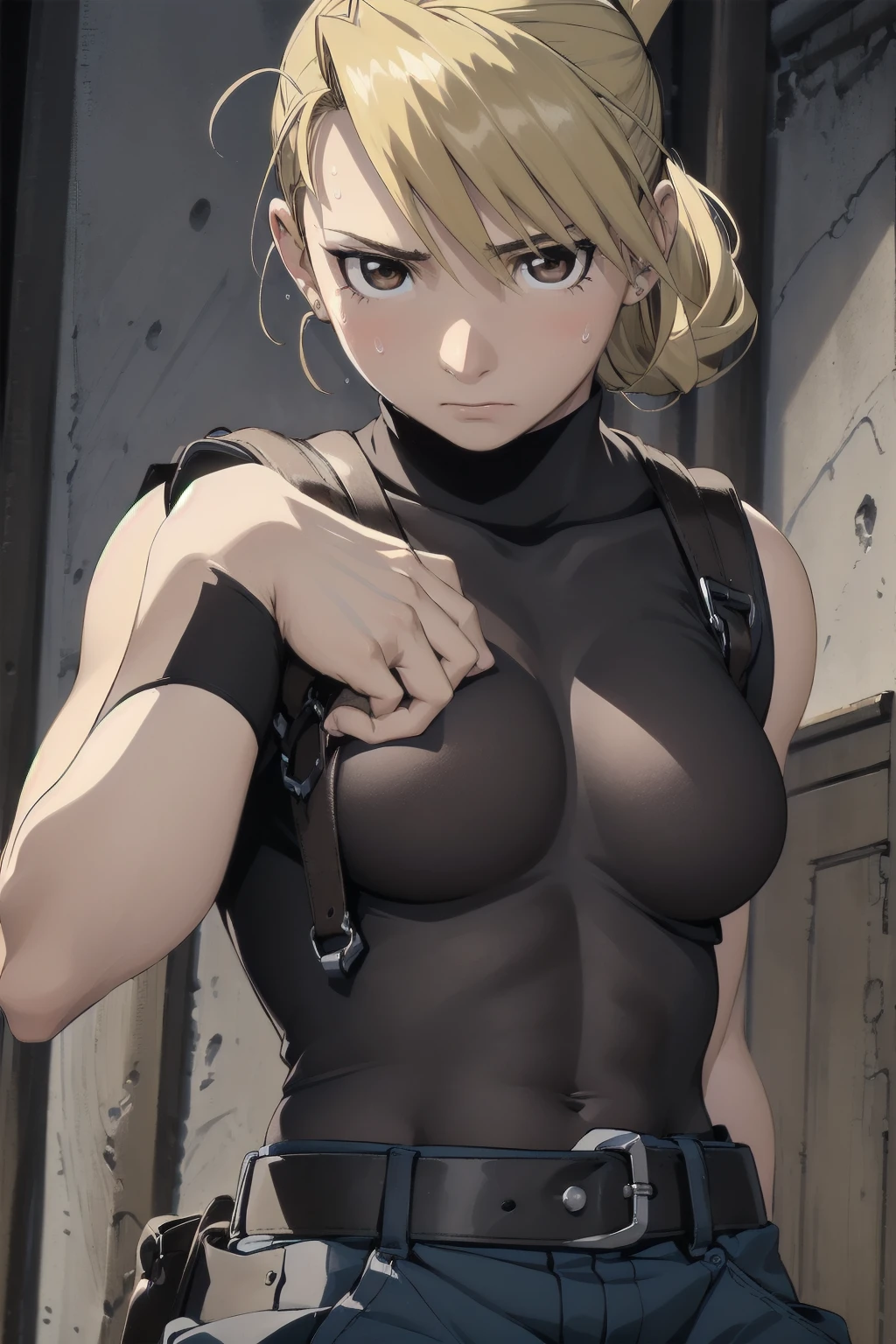 masterpiece, highest quality, High resolution, One Girl, Hamriz, ponytail, Brown eyes,big , Black Shirt, Tight shirt, holster, Short sleeve, belt, Covered navel, Blue pants,indoor、Upper body close-up、Muscular body、blush、Sweat、Composition from the front、anime、(((Close-up of a person、大きなおっぱい、Both armpits exposed、Sweat、Look forward)))