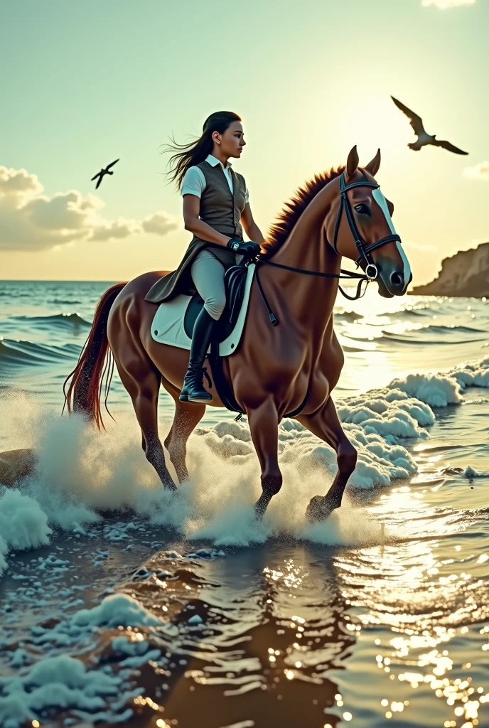 A graceful woman in a sexy dress galloping with her horse in a elegant dress along the scenic waters of the Amalfi Coast.