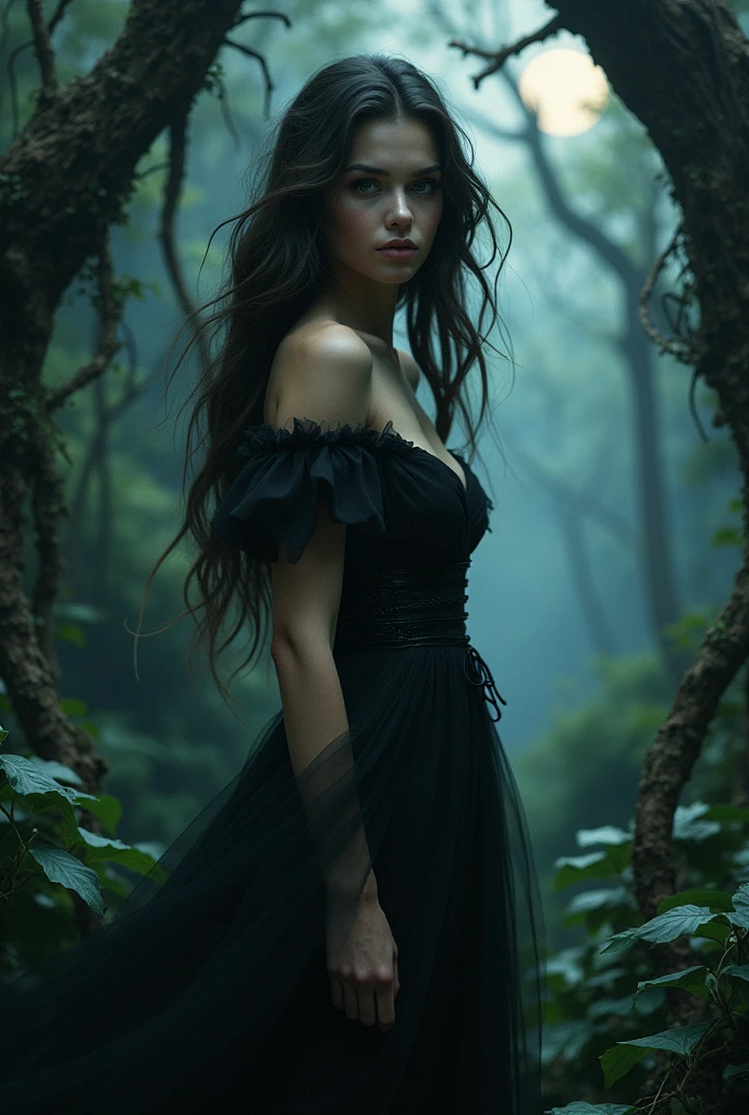 a beautiful witch, detailed face and eyes, elegant dress, magic spells, mystical atmosphere, fantasy landscape, dark forest, moody lighting, cinematic composition, dramatic colors, ethereal mood, (best quality,4k,8k,highres,masterpiece:1.2),ultra-detailed,(realistic,photorealistic,photo-realistic:1.37),dark fantasy,concept art