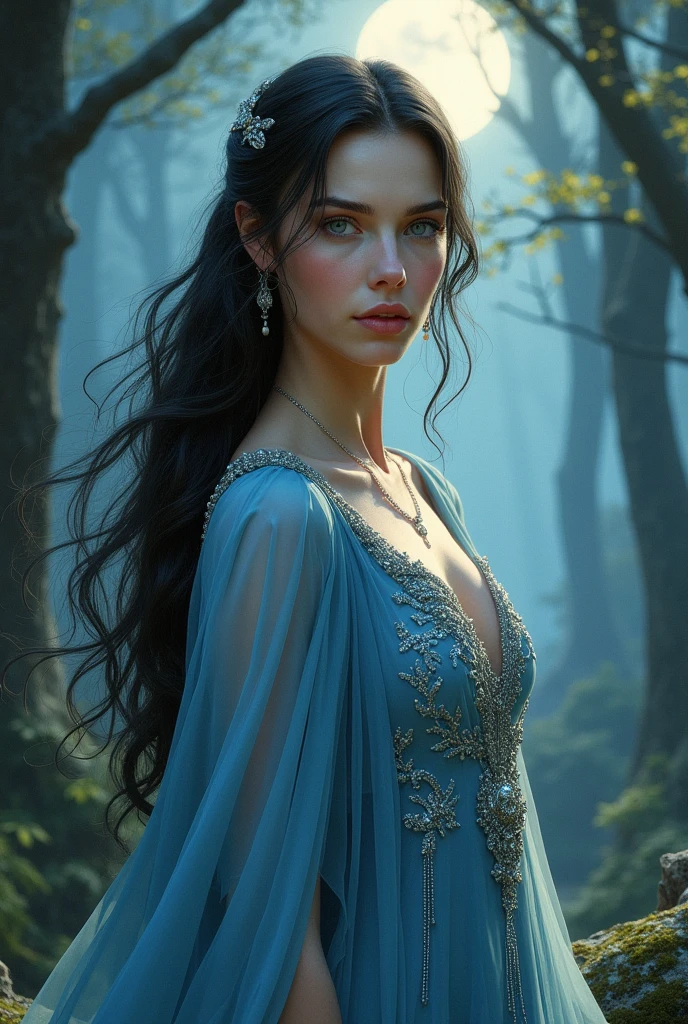 ARWEN (( THE LORD OF THE RINGS)), BEAUTIFUL BLACK HAIR WOMAN, HUGE LONG BLACK HAIR, VOLUMOUS HAIR, BRAIDED HAIR, EXPOSED TIP EARS, VERY PALE SKIN, TURCOISE BLUE EYES, EXPRESSIVE TURCOISE EYES, LOVELY FACE EXPRESSION, GORGEOUS LIPIS, SOFT LIPSTICK, ROSY CHEEKS, HIGH CHEEKBONES, MENTAL FORAMEN, STRAPLESS CLEAVAGE, FRONTAL ANGLE SHOT, LONG VICTORIAN DRESS, SILVER BRACELETS, SILVER CHOKE COLAR, FULL BODY PERSPECTIVE, DEEP FORREST BACKGROUND, DAYLIGHTS, STRONG BACKLIGHTS, SUN, MASTERPIECE
