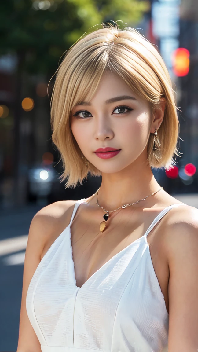 (masuter piece:1.3)、(8K、Photorealsitic、Raw photography、top-quality: 1.4)、(1girl in)、beautiful countenance、(Lifelike face)、(a blond、short-hair:1.3)、Beautiful hairstyle、realisticeyes、Beautiful details、(real looking skin)、Beautiful skins、(Thin T-shirt)、absurderes、enticing、超A high resolution、A hyper-realistic、high-detail、the golden ratio、Sheer areola、Emphasis on breasts、Smile with open mouth