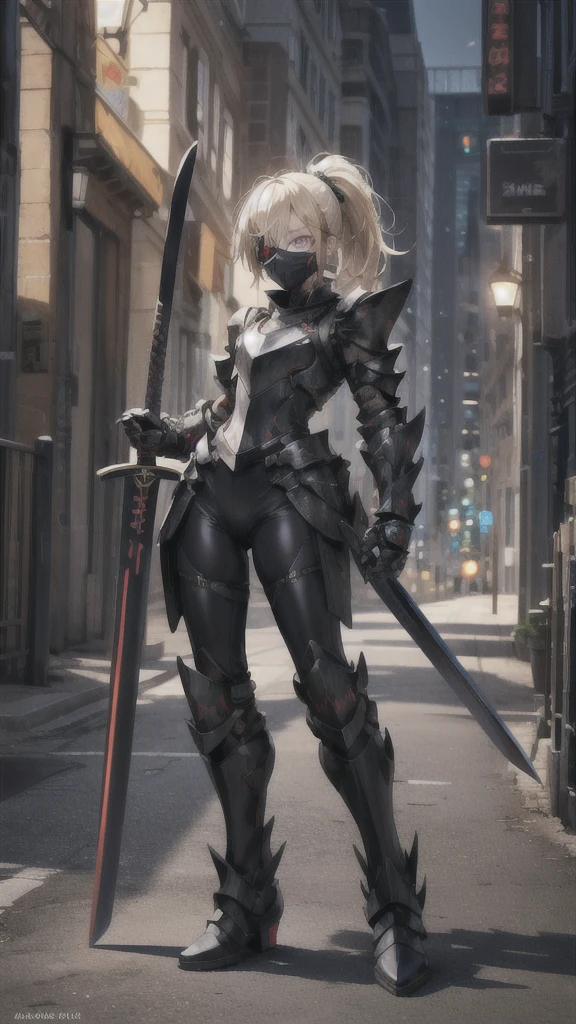 Beautiful blonde with short ponytail，Big ，black tights，Pitch black sci-fi armor，Black Gauntlets，Thin legs，Jet black iron boots，Standing，cross sword，maze，mask/Eye mask