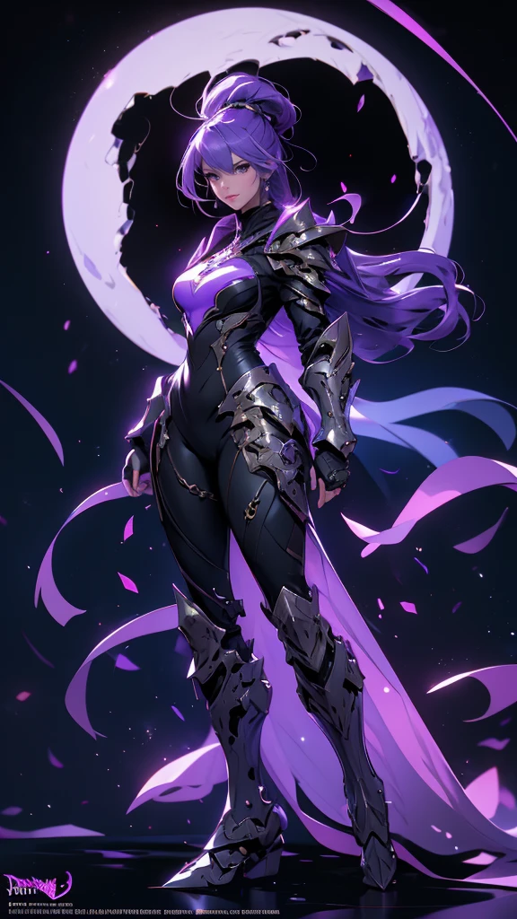 envision a 8k, highres, cinematic, beautiful full body concept art design sheet of a mature woman with Purple hair, Purple eyes, Moon shaped accessories, black tight suit, fantasy armor, jrpg inspired armor, in dark lighting, against a dark gray background