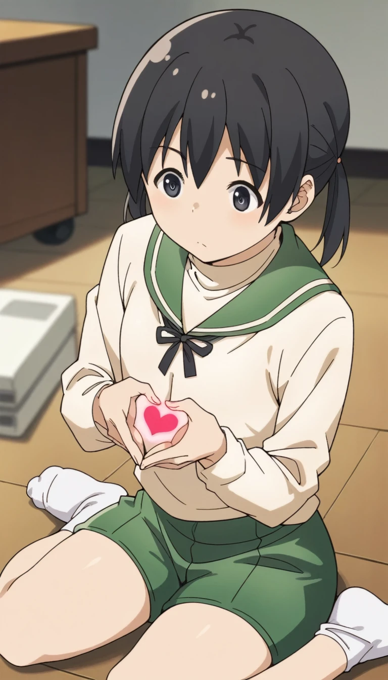 Score 9, Score 8 up, Score 7 up, The evaluation is questionable,
Detailed Background, Glowing Skin,kuramoto_chinatsu, black eyes, black hair, long hair, short twintails, green shorts, white shirt, turtleneck, long sleeves, white socks,girl, Grab your chest, {Breast milk}, Cleavage, school uniform, shirt, skirt, Heart with hands in front of nipples, Browsing Caution