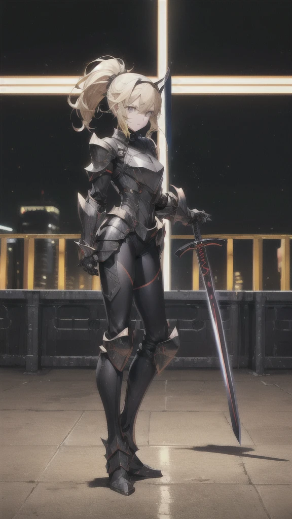 Beautiful blonde with short ponytail，helmet，Big ，black tights，Pitch black sci-fi armor，Black Gauntlets，Thin legs，Jet black iron boots，Standing，cross sword，maze