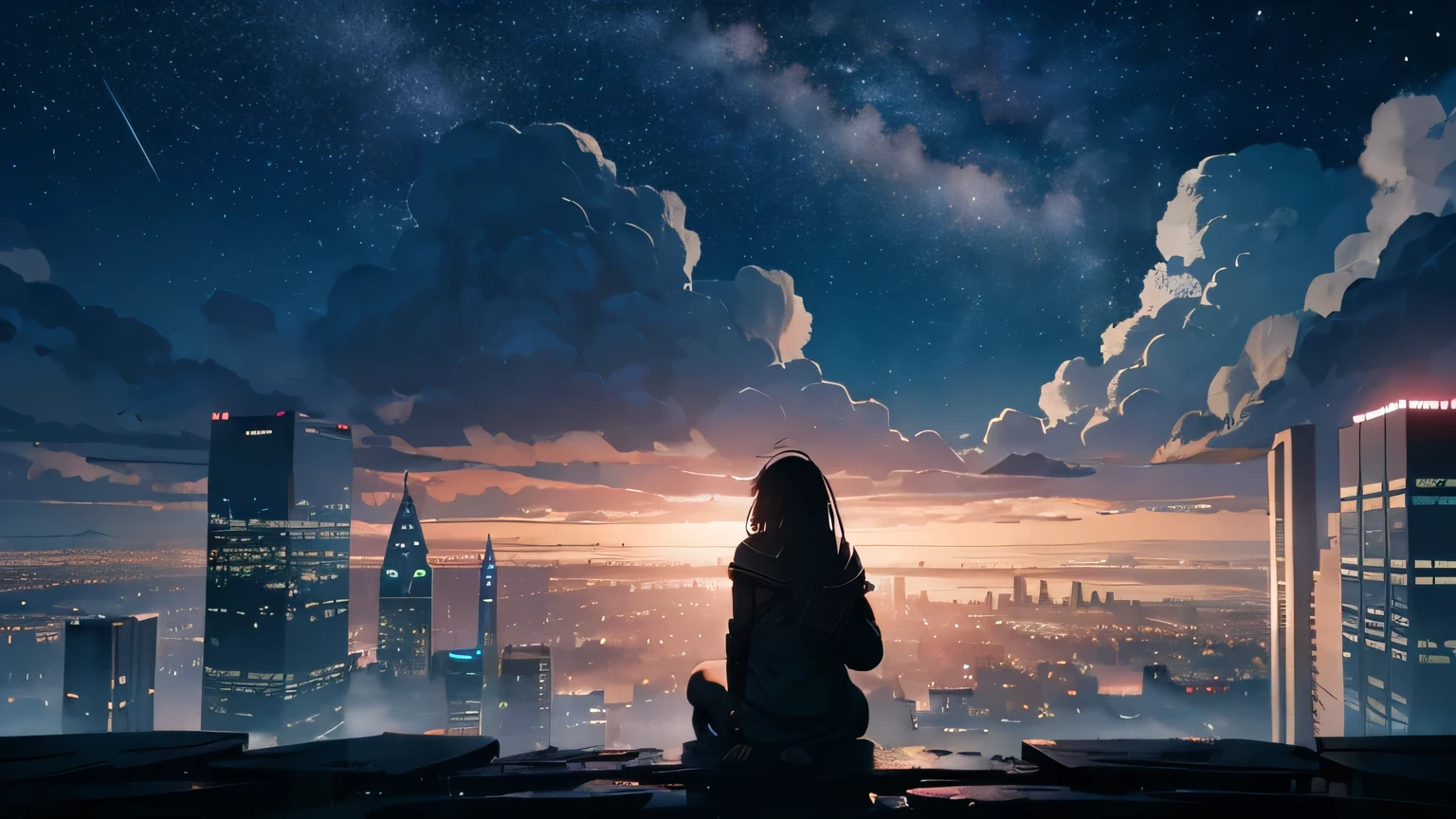 A woman sitting on a ledge looking at the city at night - SeaArt AI
