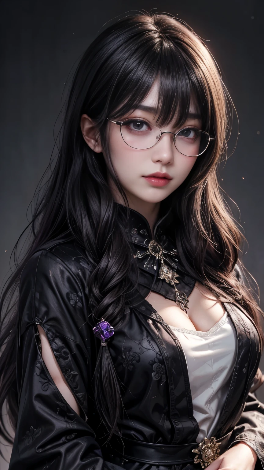 (highest quality,4K,8k,High resolution,masterpiece:1.2),Very detailed,(Realistic,photoRealistic,photo-Realistic:1.37), Close-up of a woman with dark hair and wearing a black dress, Dark Eyes,an  ominous笑顔,((((Glasses))))、((((big sapphire necklace))))、Evil Aura,Burning Flames,Soul Corruption,Dark Shadows,an  ominous雰囲気,Strange symbols,Cursed Land,Eternal Darkness,An unforgettable presence,Intimidating person,Grotesque features,Horror Scene,twisted reality,Scary atmosphere,A wonderful work of art,Evil Unleashed,Supernatural horror,Spooky art,nightmare fuel,Terrifyingly clear,Abstract fear,Terrifyingly beautiful,masterpiece,Fear incarnate,Shadow Chaos,existence,to be born々Shii Darkness,in style of Dark Fantasy Art, Dark Fantasy Art, Beautiful and elegant queen of darkness, Dark Fantasy Art, fantasy dark art, Dark fantasy digital art, Gothic fantasy art, Gothic Dark Maiden, Detailed Texture,Spooky creatures,an  ominous雰囲気,Mythical,Space horror,darkness,Mysterious,Dark aesthetic,Fog Background,Eyes of another world,Ancient Gods々, Powerful wizard, Mysterious森の中に立つ. Flowing robes decorated with symbols, Arms stretched out, Powerful,Tentacles,Pitch black blackness,Majestic,Unfathomable depth,nightmare,The existence of the universe,an  ominous存在,seeping darknesss,Secrets of the Universe, (Spooky atmosphere), (((Dramatic Shadows), (Dynamic pose), ((Artistically expressed)), ((attractive), (Gothic), (Mysterious Setting), (Moody color palette), (Skillfully drawn), (sense of unease), (Intricate details), (an  ominous smile), (an  ominous), (attractive eyes), (Horror elements), (attractive composition), (Impressive anatomy),(Striking contrast))), (Interesting character designs)、Dark Fantasy Portrait, Portrait of the Dark Goddess, 