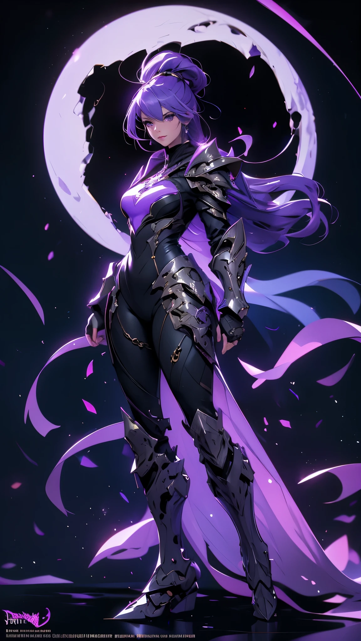 envision a 8k, highres, cinematic, beautiful full body concept art design sheet of a mature woman with Purple hair, Purple eyes, Moon shaped accessories, black tight suit, fantasy armor, jrpg inspired armor, in dark lighting, against a dark gray background