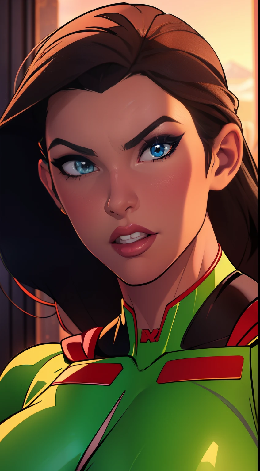 Sexy beautiful female superhero. portrait photography by artgerm, in the style of realism, glistening skin, cartooncore, mangacore, natural lighting, Defined full lips. fitness feminine body (Hyper Girl)