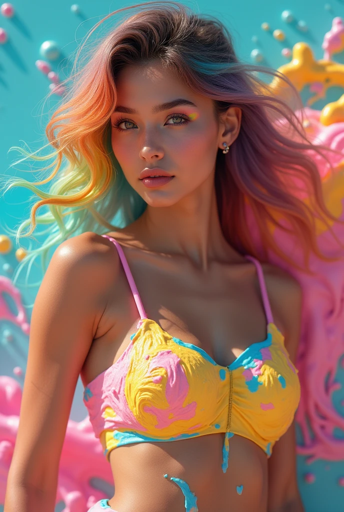 (best quality), (Ultra-detailed), (masterpiece), - A 24-year-old female model in a transparent, hot petite and sexy bra named Marina taking a selfie wearing a COLORED RIBBON ON HER BREASTS and panties, RAINBOW hair, rainbow hair, very long hair, high details, textured skin, UHD, masterpiece, anatomically correct, super detail, high quality, best quality, 16k, highres, award winning, high details --auto --s2