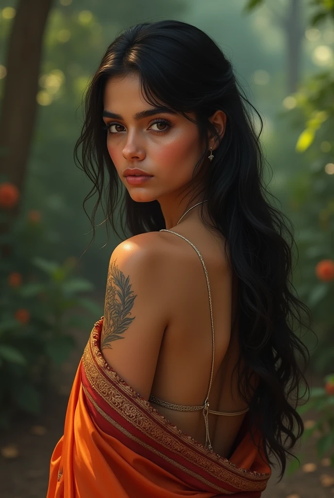 30 year old indian woman, thin saree, oily body, long dense braided hair, tropical forest, ultra realistic, realism, cute, charming, day time, tattooed body, medium height, big eyes, sexy, ambient lighting, perfect anatomy, detailed body and face, 8k
