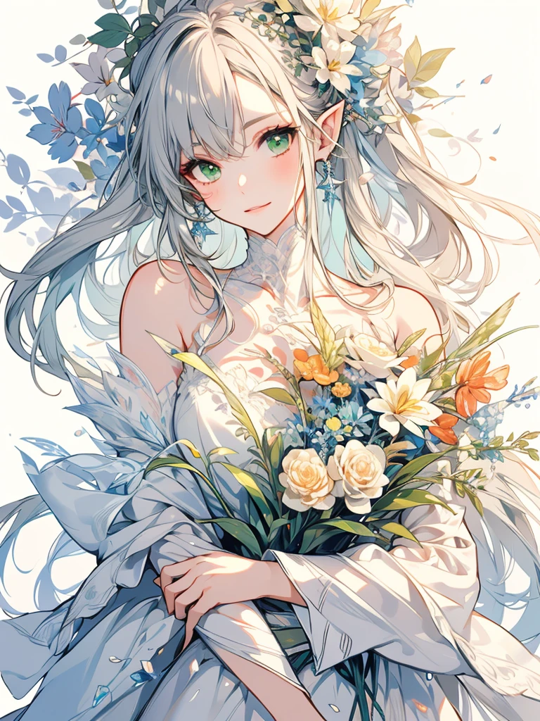 masterpiece, Highest quality, One girl, Super detailed, Ultra-high resolution, Distinct facial features, Anatomically correct, pretty girl, Long pointy ears, Fairy, Nice face,Gray Hair, Green Eyes,Hugging bouquet,Artistic, 