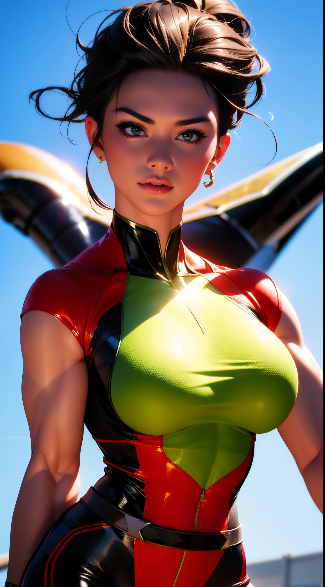 Sexy  beautiful female superhero.  portrait photography by artgerm, in the style of realism, glistening skin, cartooncore, mangacore, natural lighting, Defined full lips.  fitness feminine body (Hyper Girl)