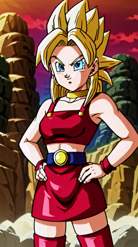 masterpiece,dbsuper style,
bulla, super saiyan, ssj4, Blondie hair, ssj4,super Saiyan, blue eyes, red hairband, hoop earrings, 
gold choker, bare shoulders, red leather crop top, midriff, belt, red elbow gloves, red leather skirt, red thigh boots
 ((Saiyan aura )),super Saiyan, ssj4, Golden aura , shinning bio-sparks, Golden Super Saiyan aura